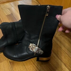 Black Leather Ankle Boots with Gold Buckle